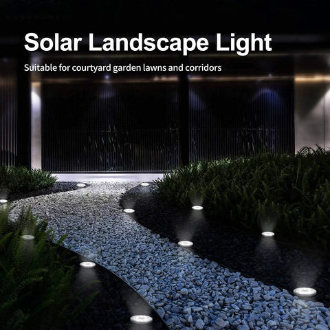 Pathway with 8 LED Solar Disk Lights In Ground Outdoor Landscape Lighting For Pathway Yard Walkway Patio Lawn IP65 Waterproof. Photo shows lit pathway at night.