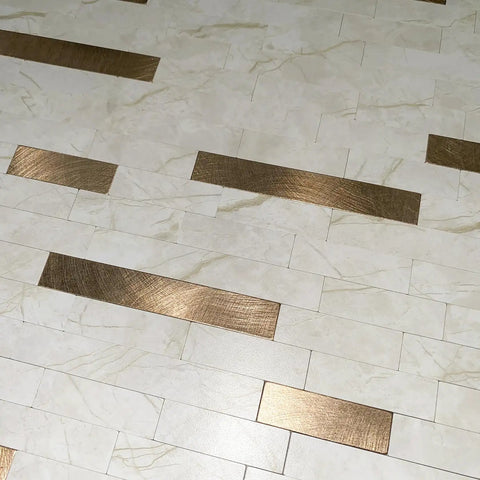 10 Sheet Peel And Stick Backsplash Subway Tile In Copper Beige Marble Look For Kitchen And Bathroom, Real Textured Stone Aluminum Finish
