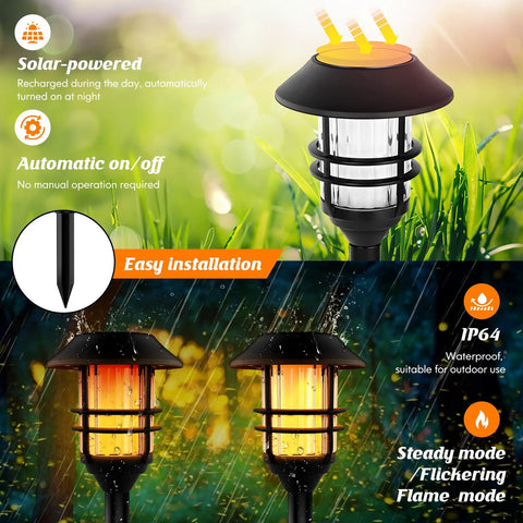 Extra Tall Solar Torch Lights 2 Pack With Realistic Flickering Flame Waterproof Stainless Steel Pathway Lights For Garden Decor Auto On Off Yard Lighting Rust Resistant Finish 8 Inch Lamps