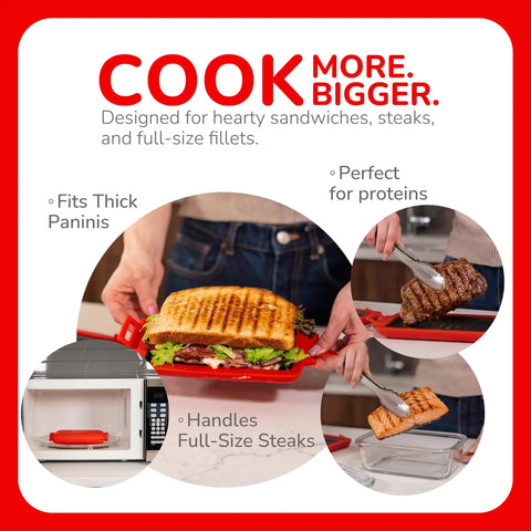 Micro Grill Max Microwave Sandwich Maker With 3 Min Grilled Cheese Capability, fits thick paninis and full-size steaks.
