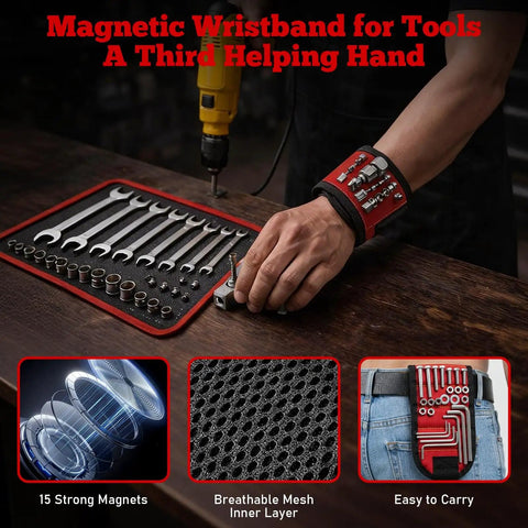 Person using heavy duty magnetic tool mat with wristband and flexible PVC pad; wrenches organized; tool holder tray for mechanics.