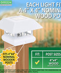 Solar Post Cap Lights For 4x4 Posts 8 Pack Bright LED Outdoor Post Lights displayed on wood post with size guide.