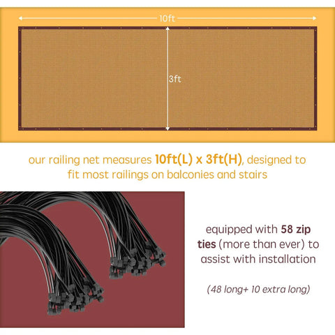 Adjustable Stair Banister Safety Net Gate for Baby Proofing and Pets, 10 Ft Long by 3 Ft High, with 58 zip ties for installation