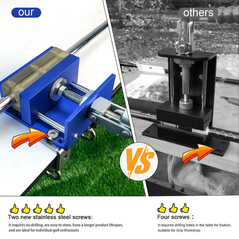 Comparison between No Fuss Drill Free Golf Club Vise With Heavy Duty Aluminum Shaft Clamp and a traditional drill-required vise.