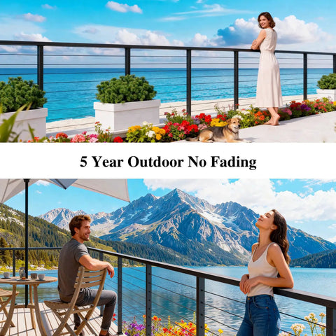 Badass Eight Foot Black Aluminum Handrail With Hella Tough Powder Coated Finish And All The Mounting Hardware You Gonna Need Plus Smooth Nylon Ends For Outdoor Decks overlooking a scenic outdoor view.