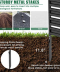 Side view of Three-Panel 42-Inch High Outdoor Privacy Fence metal stake inserted into soil, gravel, and sand, black metal panels visible.