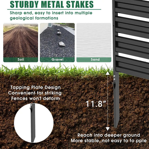 Side view of Three-Panel 42-Inch High Outdoor Privacy Fence metal stake inserted into soil, gravel, and sand, black metal panels visible.