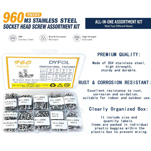 Hella Versatile M3 Screw Assortment Kit Packed With 960 Pieces Of 304 Stainless Steel Hex Socket Head Bolts And Matching Nuts Washers Sized 6 To 30 mm For 3D Printers And DIY Projects in organized box.