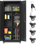 71 Inch Tall Metal Garage Storage Cabinet On Wheels With Locking Door Beefy Heavy Duty Steel Construction Powder Coated Broom Cabinet Organizer For Home Garage And Shop, open with shelves and tool board