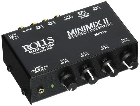 MX51S Mini Mix 2 Four Channel Stereo Line Mixer For Home Studio Use With XLR Microphone Input And Three RCA Inputs Independent Level Knobs