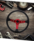 Dope 14 Inch PU Racing Steering Wheel For Cars Golf Carts And Trucks, Ergonomic Grip, Red Finish, shown with tools