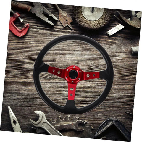 Dope 14 Inch PU Racing Steering Wheel For Cars Golf Carts And Trucks, Ergonomic Grip, Red Finish, shown with tools