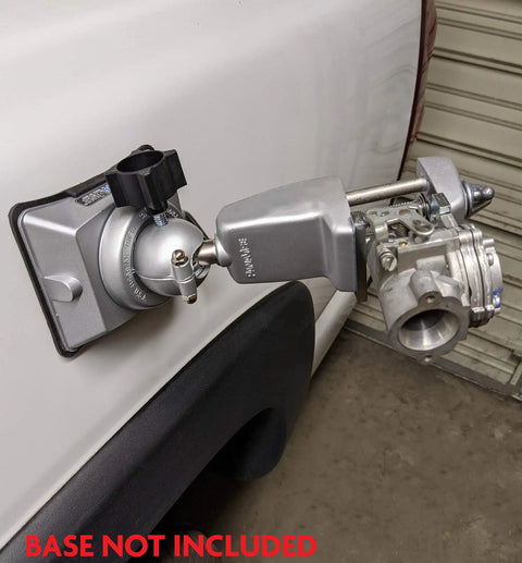 Low Profile Vise Head With Beefy Steel Jaws And Tilt Turn Rotate Tech attached to a vehicle door, 7.75 inch length, workholding tool