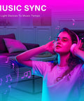 Person enjoying music sync feature with 100 Ft LED Strip Lights For Bedroom And Living Room RGB Rope Light With Bluetooth App Control Color Changing Music Sync Dimmable Brightness Easy Setup Dope For Home Decor And Party Vibes