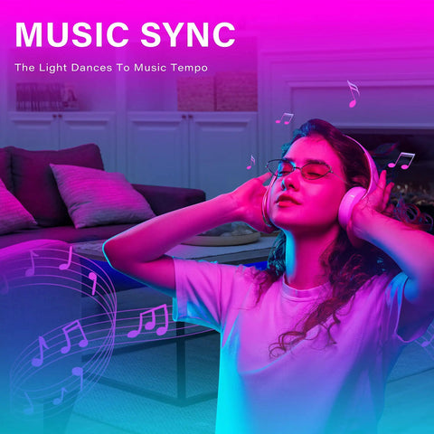 Woman enjoying music with 65.6 Ft Long LED Light Strip One Roll With Smart WiFi App Control, voice enabled, music sync feature.