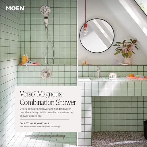Verso Rain Showerhead And Hand Shower Combo With Infiniti Dial And Magnetix Docking in mint-tiled bathroom shower.