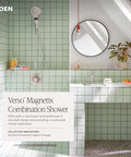 Spot Resist Brushed Nickel Dual Showerhead And Handshower System installed in a modern tiled bathroom with round mirror and plants
