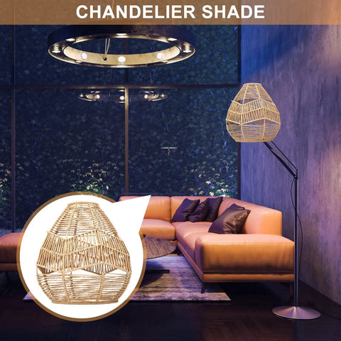 Natural Rattan Woven Pendant Lamp Shade With Hemp Rope Cover on floor lamp, warm ambient glow in modern living room
