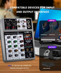 4 Channel Digital USB Bluetooth Audio Mixer for Recording, Live Streaming, and Podcasting with Echo Delay, 48V Phantom Power