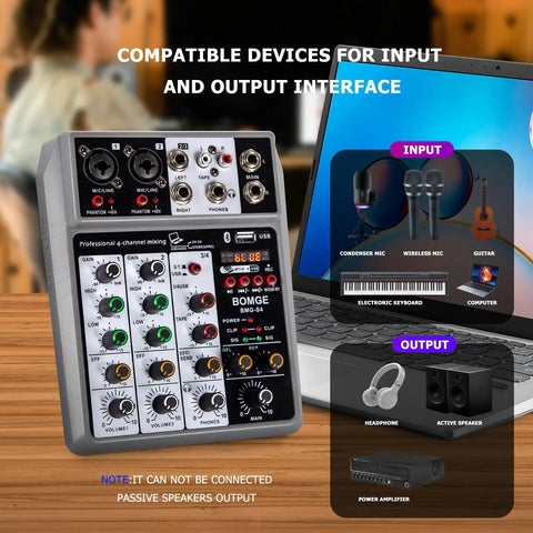4 Channel Digital USB Bluetooth Audio Mixer for Recording, Live Streaming, and Podcasting with Echo Delay, 48V Phantom Power