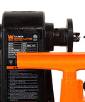 WEN benchtop wood lathe, black with orange tool rest, side view showing its label
