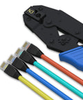 RJ45 STP Shielded Connector Crimping Tool For Cat6A Large Diameter Wires And Modular Plugs Interchangeable With Paladin Type Tips Pro Grade Heavy Duty Ergonomic Grip next to multicolored cables