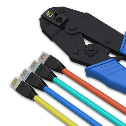RJ45 STP Shielded Connector Crimping Tool For Cat6A Large Diameter Wires And Modular Plugs Interchangeable With Paladin Type Tips Pro Grade Heavy Duty Ergonomic Grip next to multicolored cables