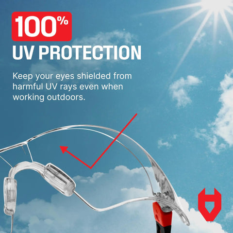 Clear Anti Fog Safety Glasses For Men And Women with UV Shielding against blue sky, emphasizing adjustable temples and nose pads.