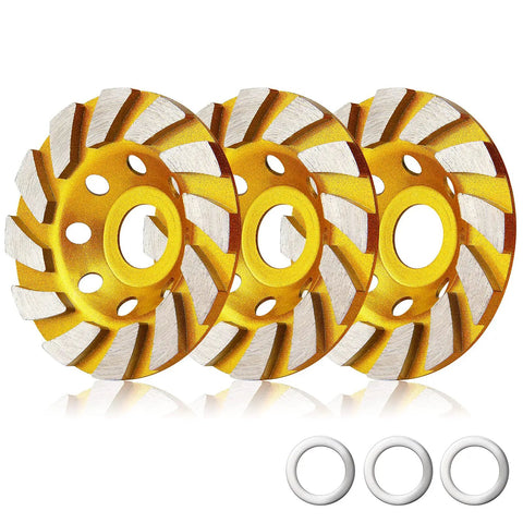 Two Piece 4 Inch Turbo Diamond Cup Wheel For Angle Grinder Heavy Duty 12 Segment Concrete Polishing Tool showing three wheels with a silver and gold design.