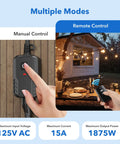 Outdoor Remote Control Outlet Plug Weatherproof Wireless Switch for Patio and Garden showing manual and remote controls