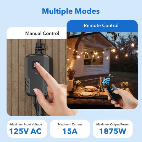 Outdoor Remote Control Outlet Plug Weatherproof Wireless Switch for Patio and Garden showing manual and remote controls