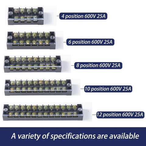Beefed Up Heavy Duty 600V 25A Dual Row Screw Terminal Block Kit with various position options visible