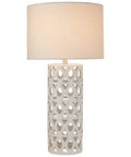 Geometric Ceramic Cut-Out Table Desk Lamp With LED Bulb, 22-Inch, Off White Pillar, Polished Nickel Hardware, Linen Shade