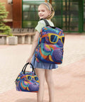 Child holding a colorful backpack and lunch bag with a playful pattern.