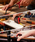 Tools from All In One 515 Piece Aluminum Trolley Tool Set On Wheels With Four Drawers showing saw, tape measure, and pliers in use