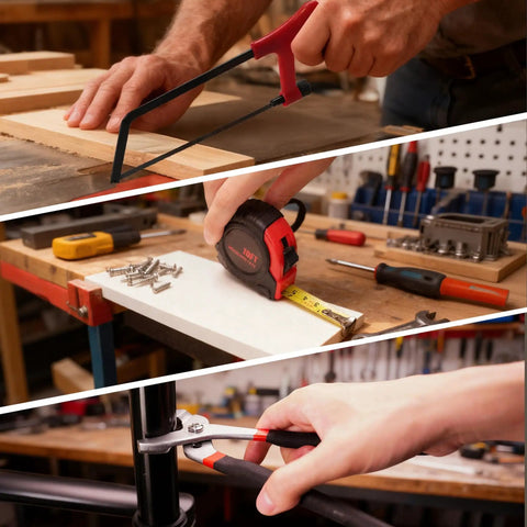 Tools from All In One 515 Piece Aluminum Trolley Tool Set On Wheels With Four Drawers showing saw, tape measure, and pliers in use