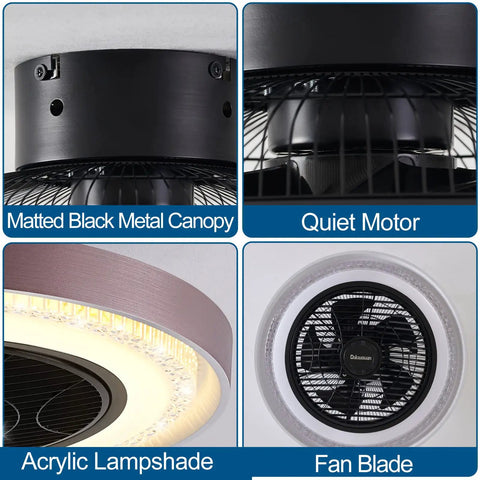 Close-up of 19 Inch Enclosed Ceiling Fan With Lights, 6 Speeds, Low Profile Flush Mount showing black metal canopy, motor, acrylic lampshade, fan blade.