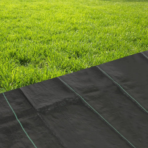 Heavy Duty Garden Weed Barrier Landscape Fabric 3ft By 3ft Ground Cover Mat with green guideline next to lawn