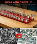 Handy Thread Gauge Kit With 22 SAE And 18 Metric Thread Sizes, organized fasteners on a red tray vs scattered bolts.