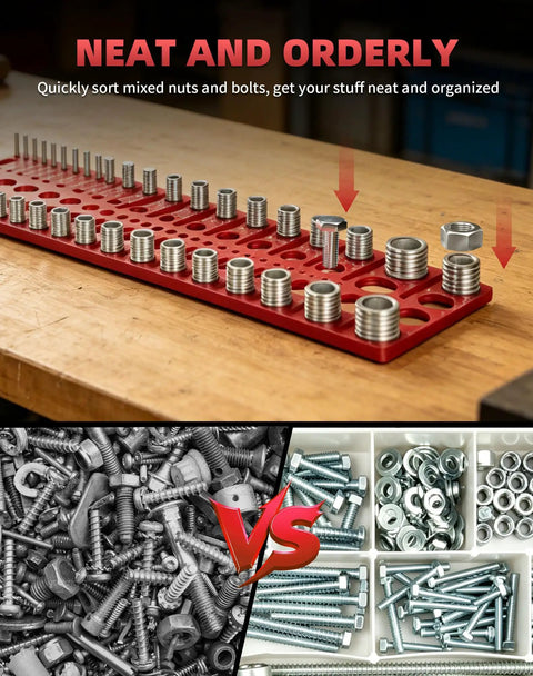 Handy Thread Gauge Kit With 22 SAE And 18 Metric Thread Sizes, organized fasteners on a red tray vs scattered bolts.