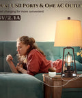 Farmhouse Bedside Lamp With Touch Control And Dimmable Lighting, Industrial Desk Lamp For Bedroom And Living Room with charging ports on a coffee table