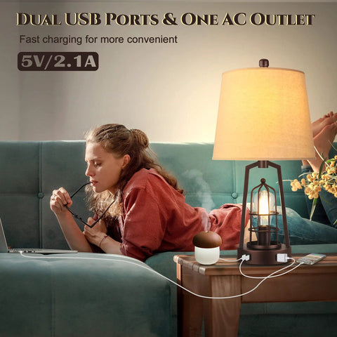 Farmhouse Bedside Lamp With Touch Control And Dimmable Lighting, Industrial Desk Lamp For Bedroom And Living Room with charging ports on a coffee table