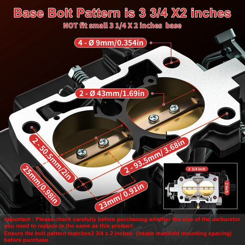 Diagram of Marine 2 Barrel Carburetor For Mercruiser Mercury Mercarb 3.0L 2.5L, showing bolt pattern dimensions.