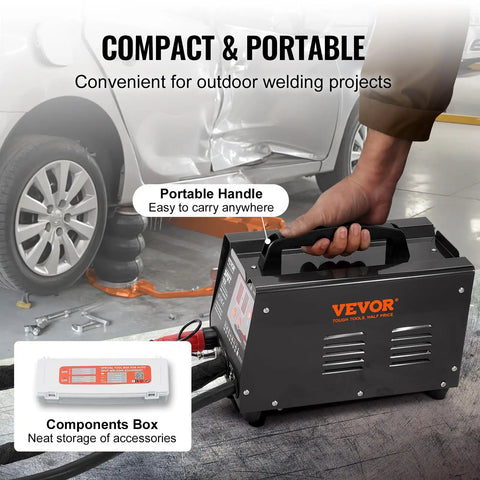 Person holding Spot Weld Dent Puller Kit With Two Weld Guns, 3KW Stud Welder for Auto Body Dent Repair, 110V Auto
