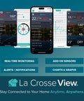 La Crosse View app interface showcasing weather monitoring features, charts, graphs, alerts, and notifications for smart management.