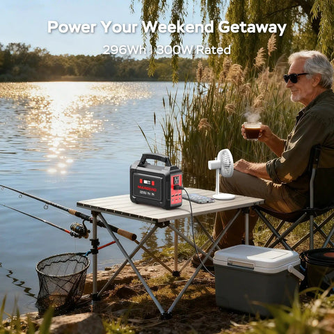 Go To Portable Solar Generator 296Wh Kit on table by lake, man holding cup, power station and fan visible, outdoors setup