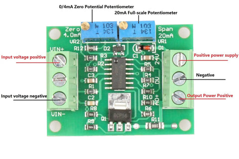 Voltage To Current Converter Module 0-5V To 4-20mA Signal Output for PLC Debugging with potentiometers and labeled connections