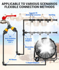 Outdoor Misting System For Patio Cooling, 30Ft Run With 22 Nozzles shown with connection methods and adapters
