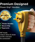 Power Grip 25-Foot 30 Amp RV And Camper Extension Cord With ergonomic handle and TT-30P male connector held in hand.