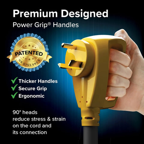 Power Grip 25-Foot 30 Amp RV And Camper Extension Cord With ergonomic handle and TT-30P male connector held in hand.